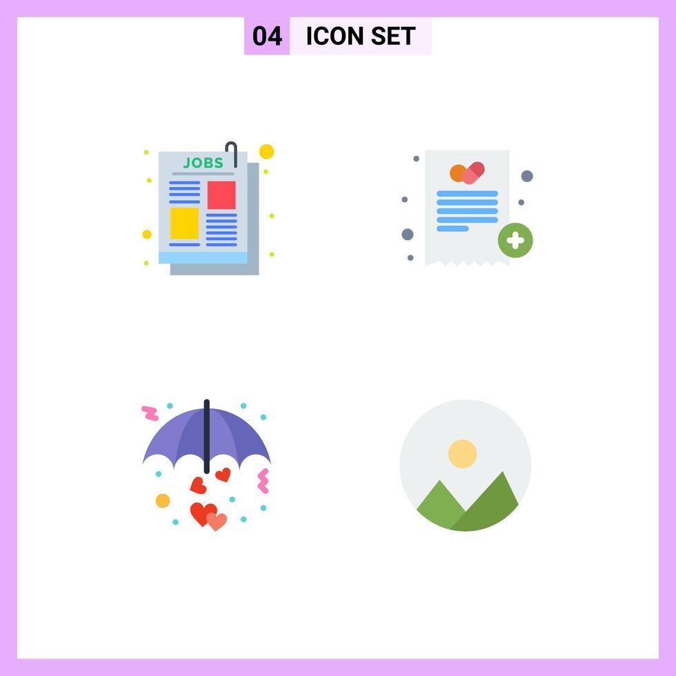 conjunto de pictogramas de 4 ícones planos simples de anúncio de emprego de anúncio de amor guarda-chuva médico elementos de design de vetores editáveis