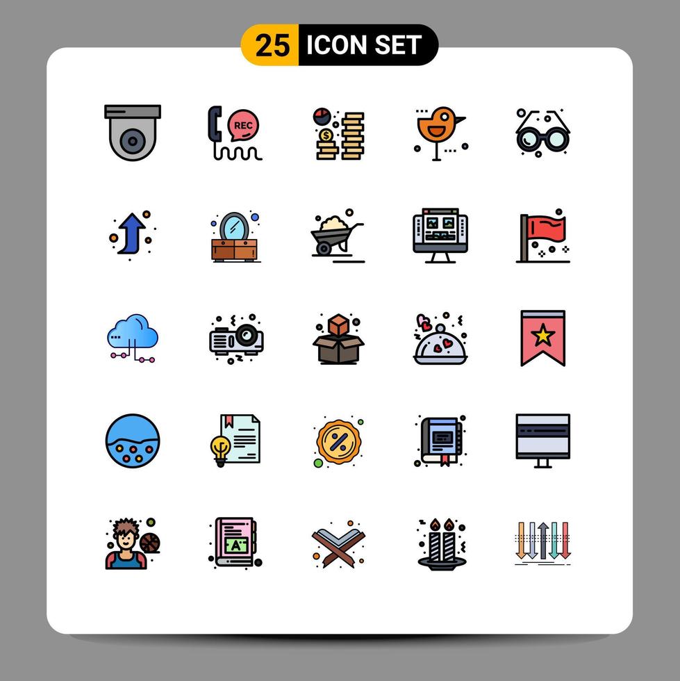 interface móvel linha cheia cor plana conjunto de 25 pictogramas de acessório pardal moeda pássaro salvando elementos de design de vetores editáveis