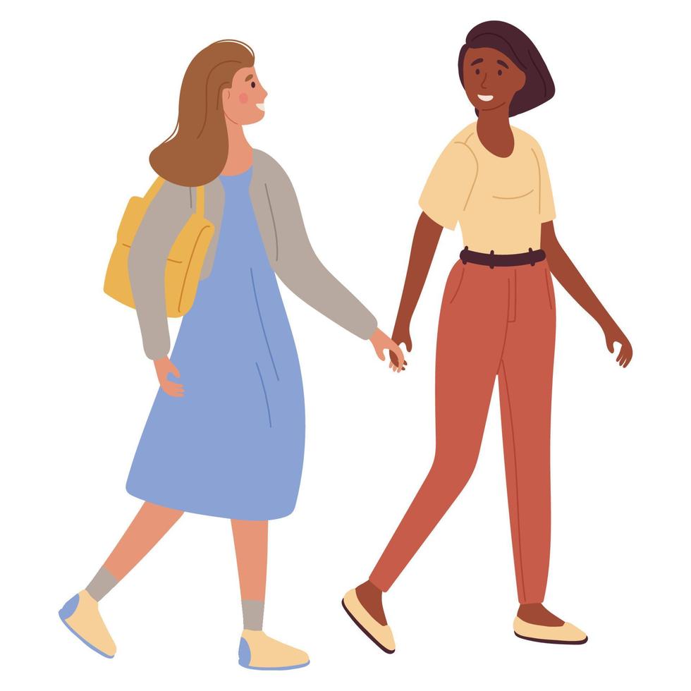 duas garotas de raças diferentes caminham juntas de mãos dadas. ilustração vetorial isolada no fundo branco. vetor