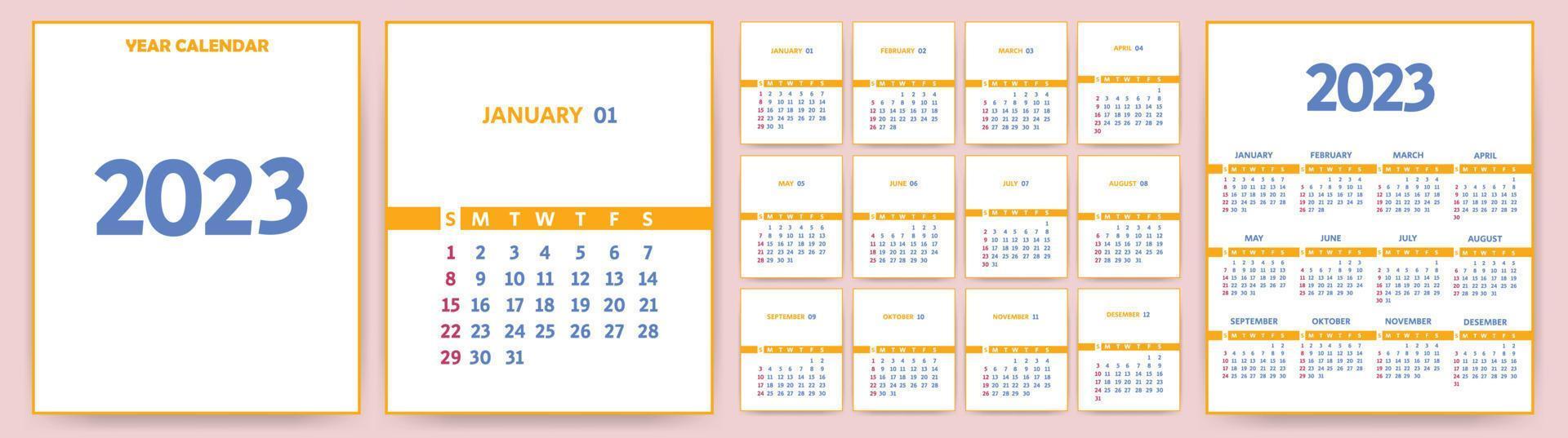 modelo de calendário de mês e ano para 2023. modelo de calendário para 2023. a semana começa no domingo. vetor