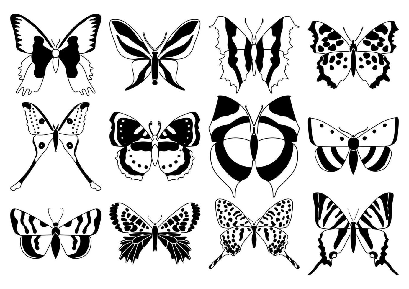 conjunto vetorial de borboletas em um fundo branco, desenhando insetos decorativos, silhuetas desenhadas à mão, vetor isolado