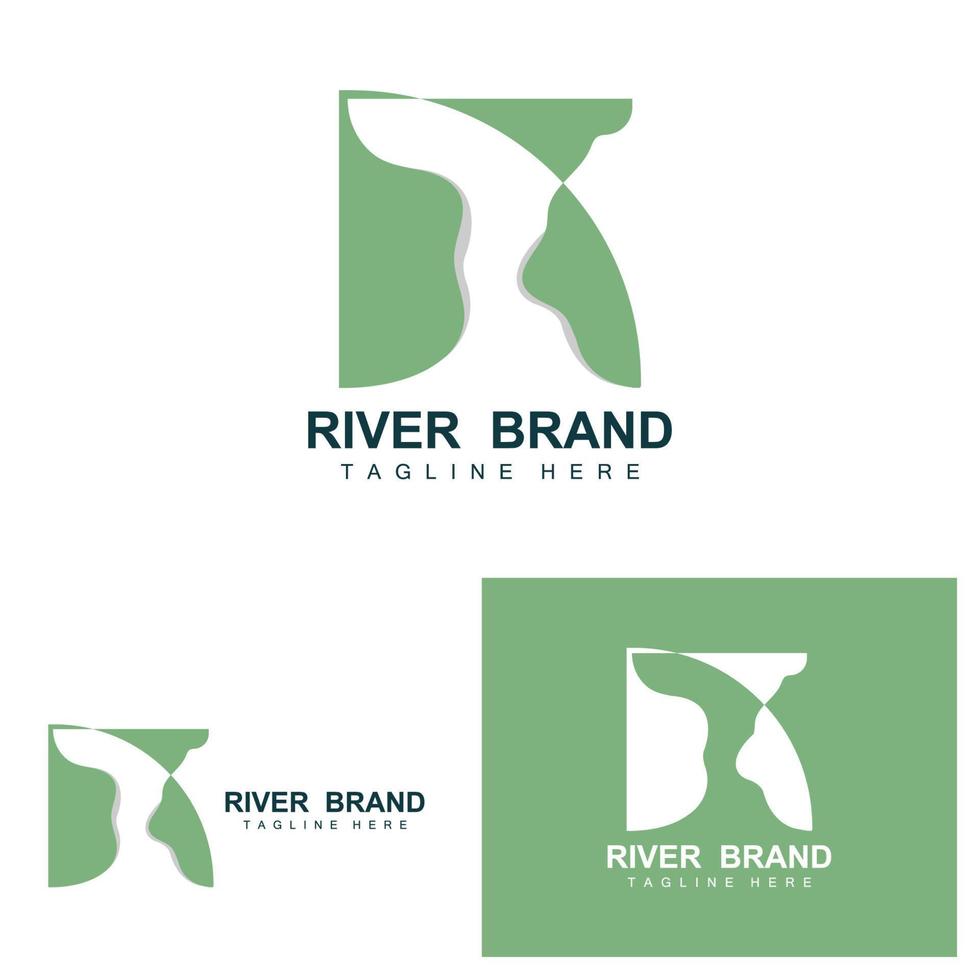 design de logotipo do rio, vetor de riacho do rio, ilustração ribeirinha com uma combinação de montanhas e natureza, marca do produto