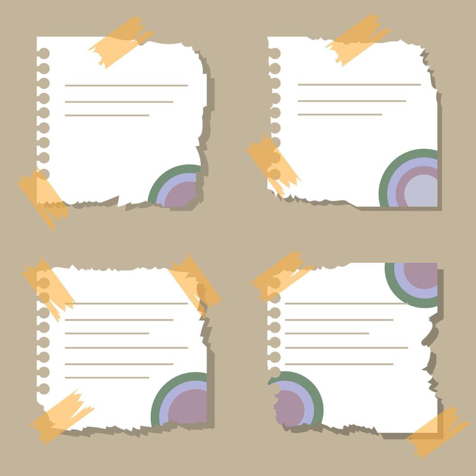 design de páginas rasgadas. notas de papel rasgadas bordas rasgadas com fita, bloco de notas vetorial papelaria de cor realista papel de memorando em branco vetor