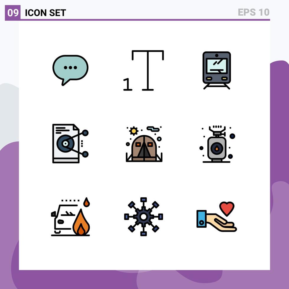 Conceito de cor plana de 9 linhas preenchidas para sites móveis e aplicativos, tenda, acampamento, transporte, servidor, compartilhamento de elementos de design vetorial editáveis vetor