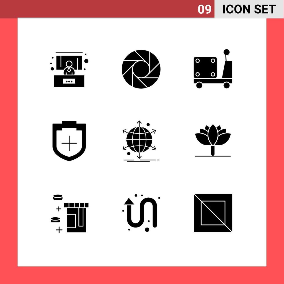pacote de interface de usuário de 9 glifos sólidos básicos de elementos de design de vetores editáveis de segurança de negócios de bomba internacional de rede