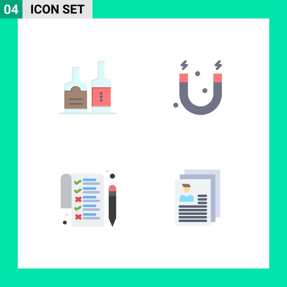 pacote de interface do usuário de 4 ícones planos básicos de frascos de caneta de álcool documento de ciência editável elementos de design vetorial vetor