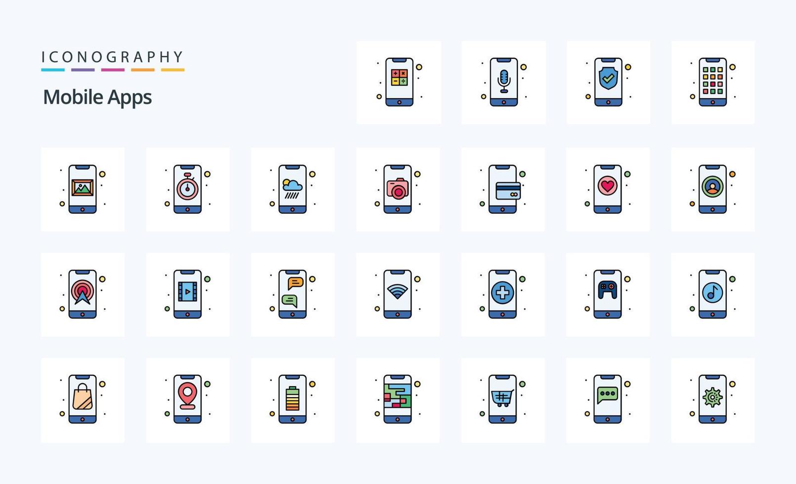 Pacote de ícones de estilo cheio de linha de 25 aplicativos móveis vetor