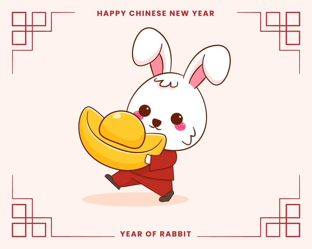 feliz ano novo chinês cartão 2023 com coelho fofo vestindo traje tradicional. coelho segurando lingote de ouro. ano de coelho. vetor