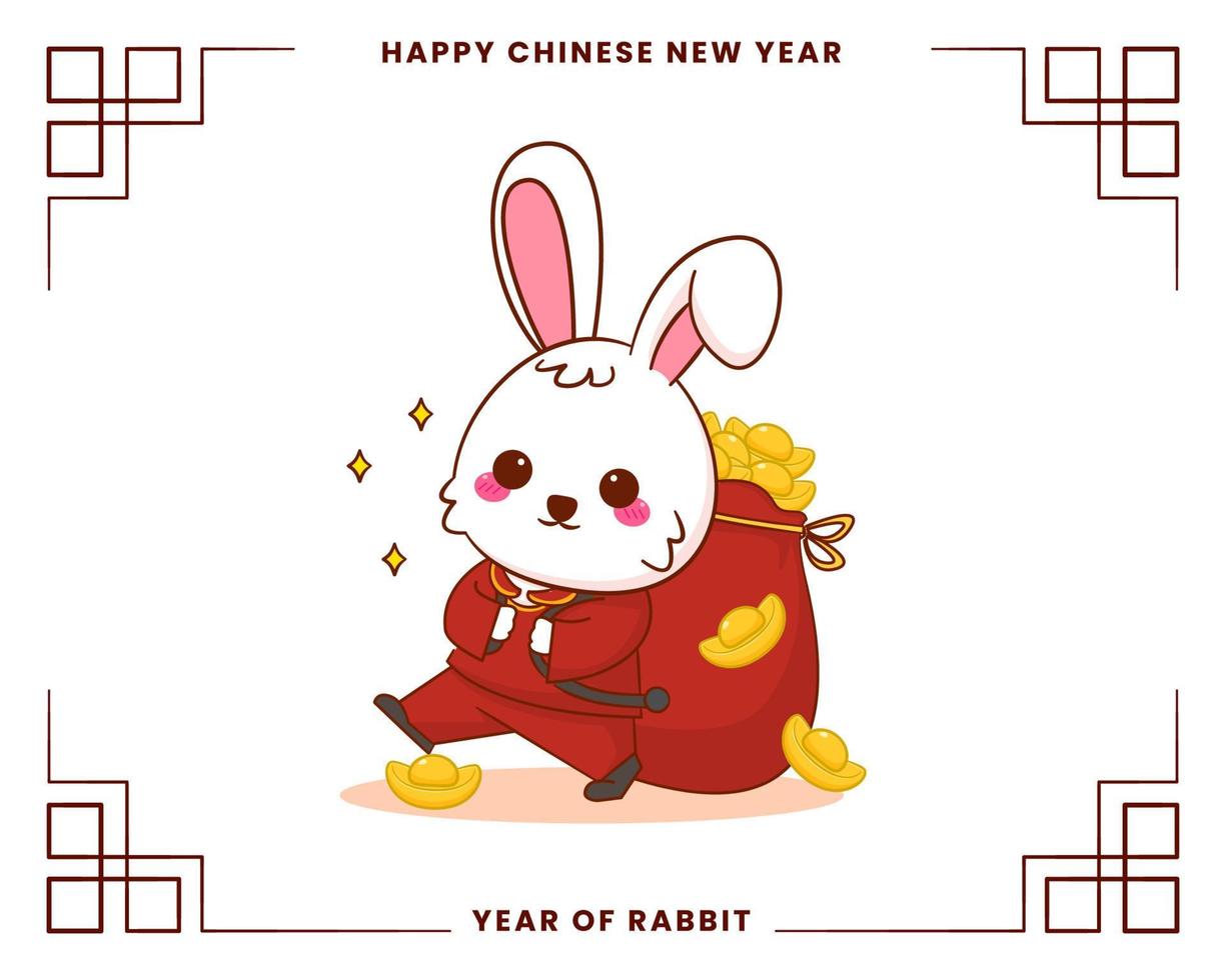 feliz ano novo chinês cartão 2023 com coelho fofo vestindo traje tradicional. coelho segurando um saco de ouro. ano de coelho. vetor