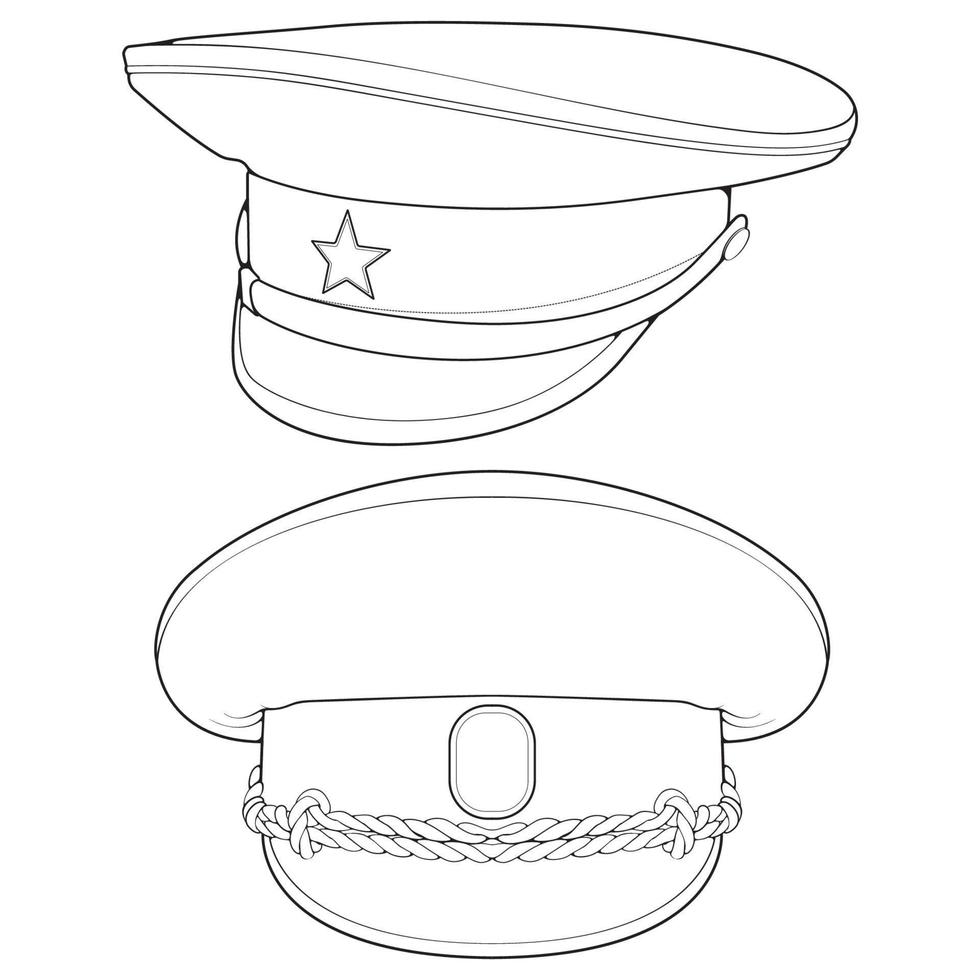 conjunto de ilustração em vetor boné militar contorno isolado no fundo branco. delineie o vetor de boné militar para livro de colorir.
