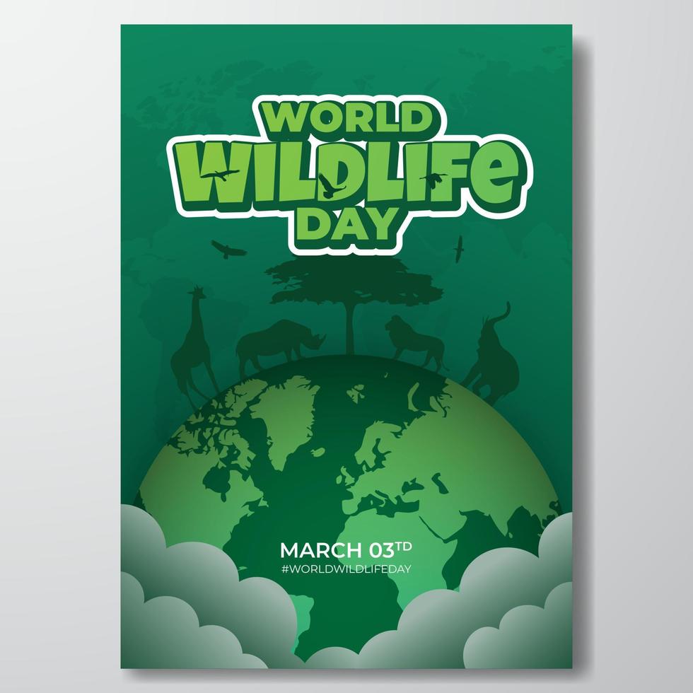 dia mundial da vida selvagem março 3td design de cartaz com ilustração da natureza em mapas de fundo vetor