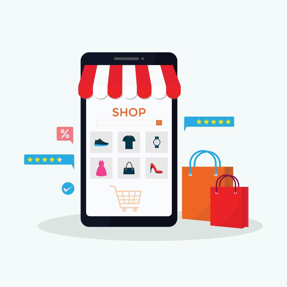 compras on-line em smartphone com sacola de compras, ilustração vetorial de produtos vetor