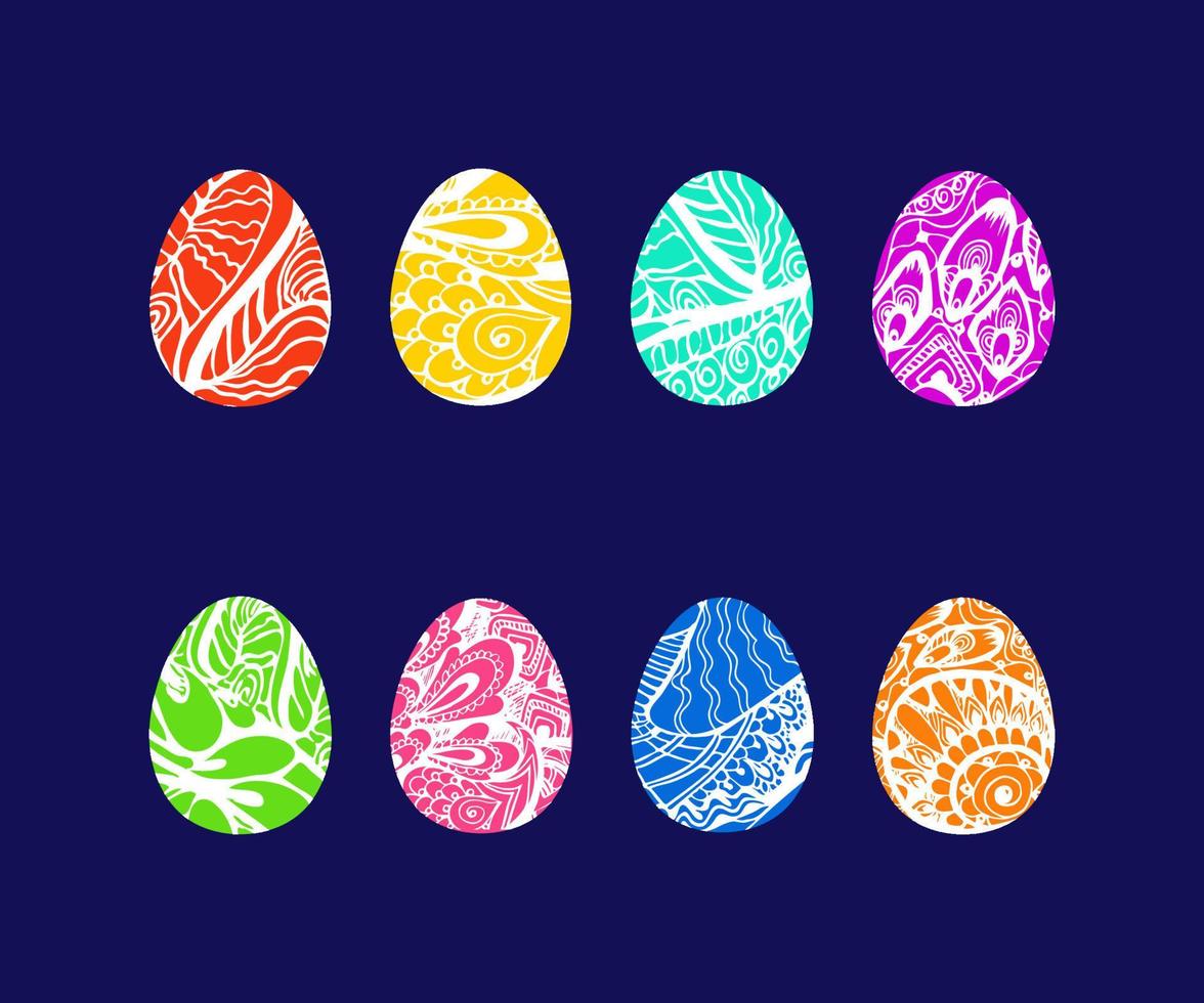 ovos de páscoa de várias cores e com diferentes padrões boho étnicos em fundo escuro. arte de clipe decorativa. ovos de páscoa com lindos enfeites para estampas vetor