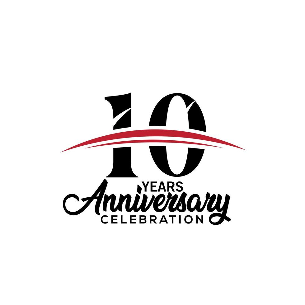 Modelo de design de celebração do 10º aniversário para livreto com cor vermelha e preta, folheto, revista, pôster de folheto, web, convite ou cartão de felicitações. ilustração vetorial. vetor