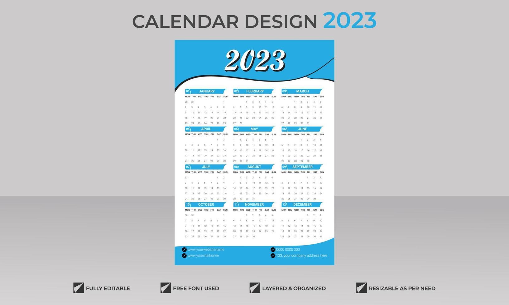 modelo de calendário simples de uma página para o ano de 2023 vetor