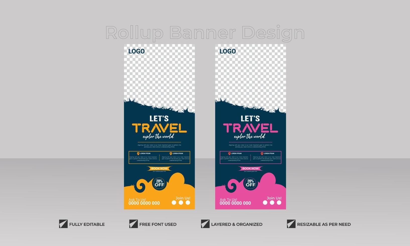 bandeira da agência de negócios de viagens. design de rollup de suporte de obviedade. sinal de pátio digital corporativo. projetos de sinalização vetorial, banner retrátil x-stand de férias. modelo de exibição de exposição de férias de passeios de empresa vetor