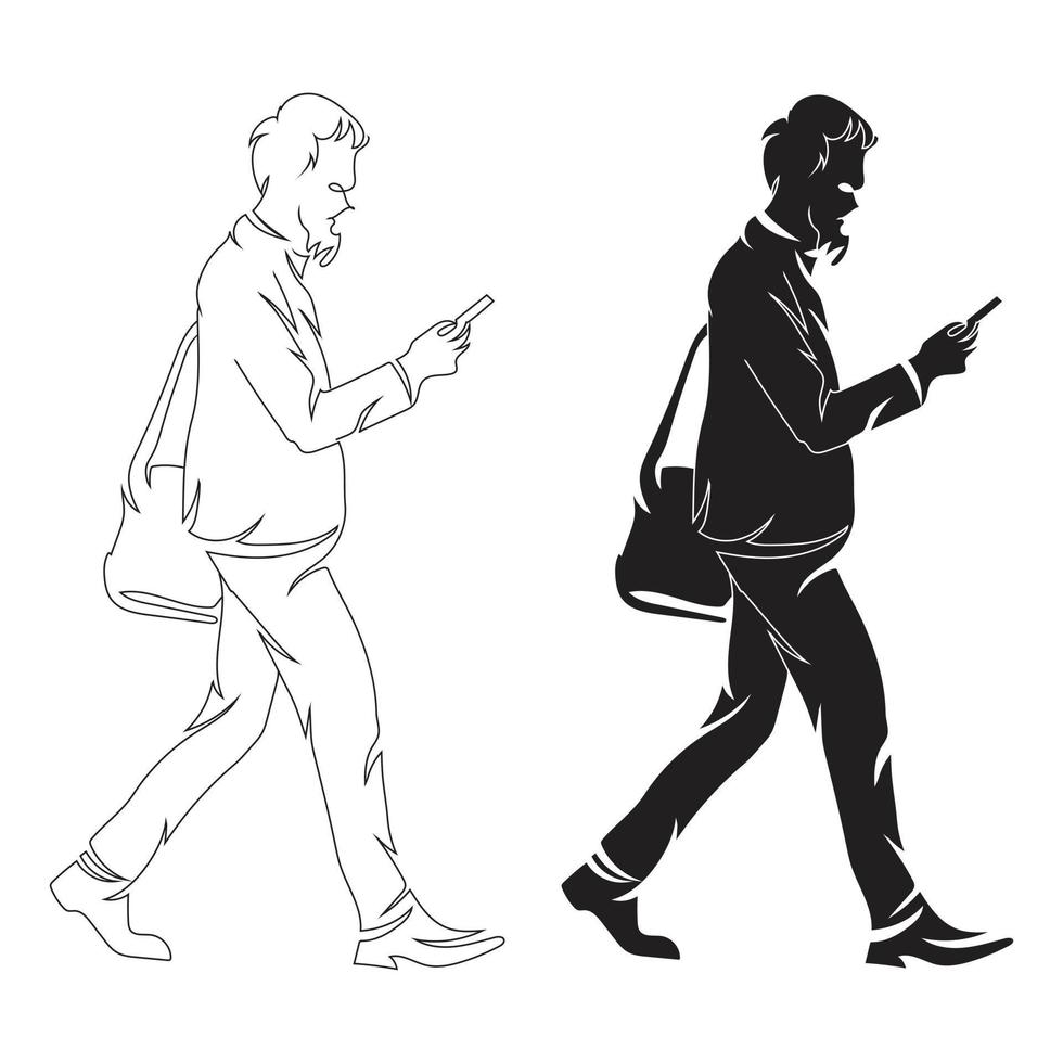 o homem anda e vê seu estilo de desenho de arte de linha telefônica, o homem esboça linear preto isolado no fundo branco, o melhor homem caminha ilustração vetorial de arte de linha. vetor