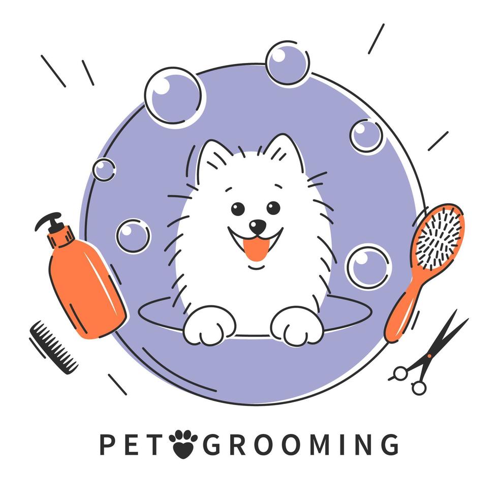 aliciamento de animais de estimação. logotipo do salão de beleza de pêlos de animais, cortes de cabelo, banho. cachorro de desenho animado tomando banho cheio de espuma com sabão ilustração vetorial vetor