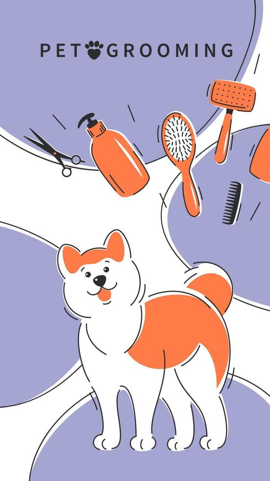 aliciamento de animais de estimação. cachorro fofo com diferentes ferramentas para cuidados com pelos de animais, cortes de cabelo, banho, higiene. salão de pet care. ilustração vetorial vetor