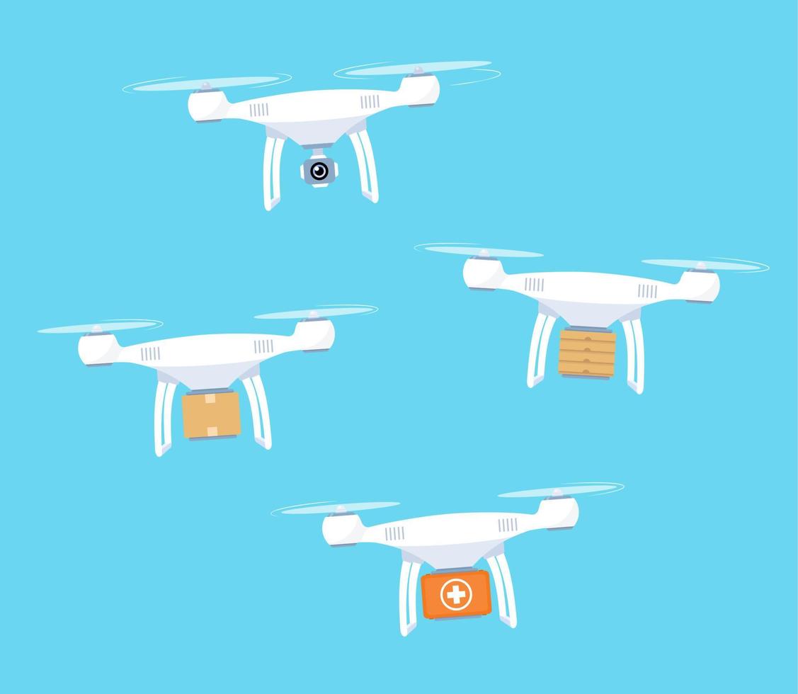 drones para entrega aérea. ilustração do conceito de tecnologias modernas. drone com pacote. entrega de encomendas, alimentos, medicamentos por drone. ilustração vetorial em estilo simples. vetor