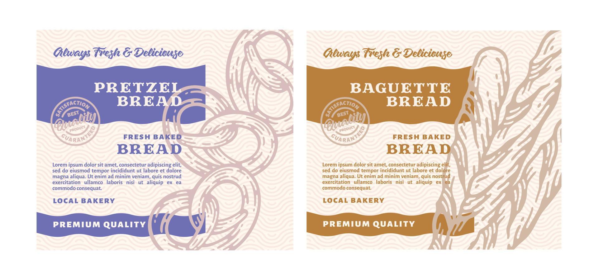 conjunto de design de embalagem ou padaria premium de rótulo com pão desenhado à mão em estilo vintage doodle vetor