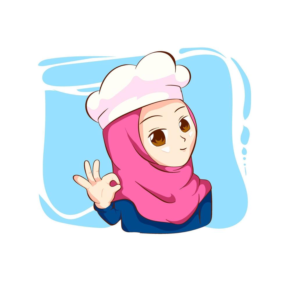 vetor premium l o bonito vetor feminino cheff hijab muçulmano. camisa azul e hijab rosa. ilustração representada no quadro branco. papel de parede.