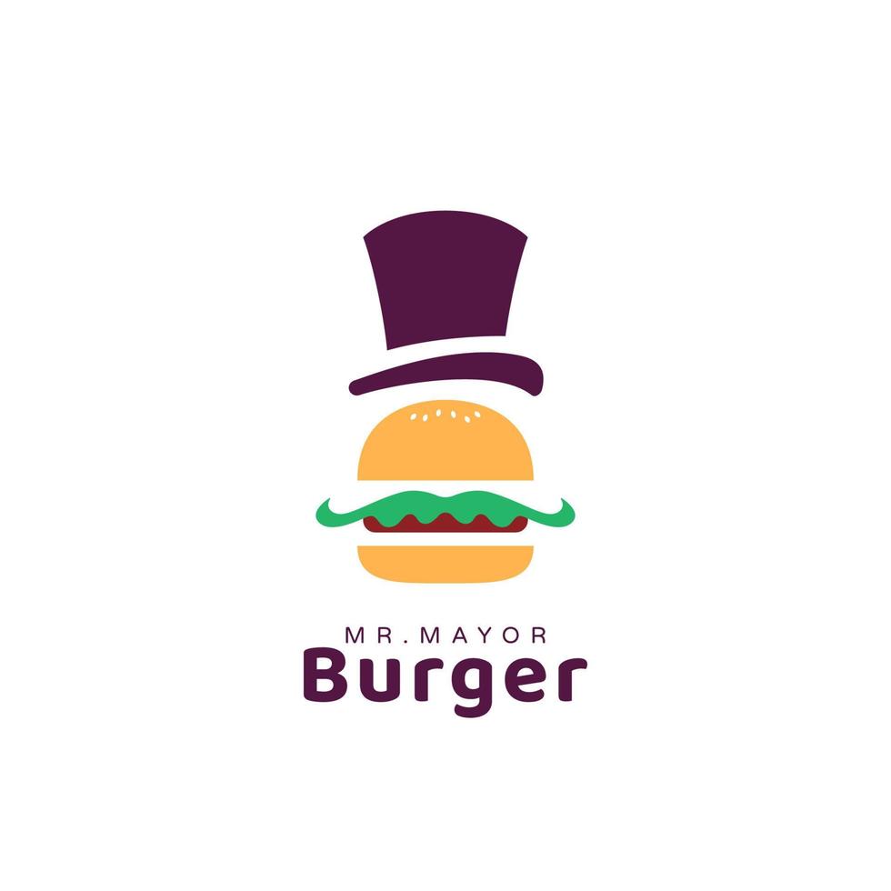 logotipo de hambúrguer de hambúrguer de comida de rua do prefeito com chapéu de prefeito e ilustração de ícone de estilo de desenho animado de bigode vetor