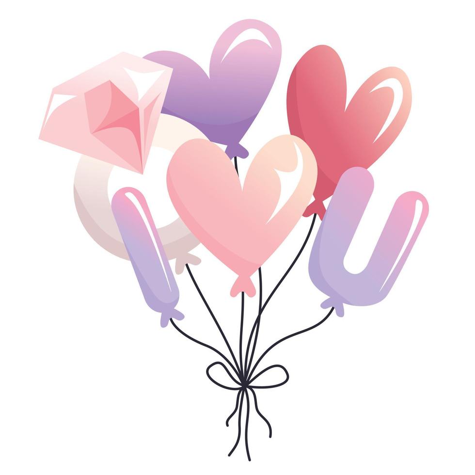 balões de ilustração eu te amo em estilo simples. balão em forma de coração e aliança de casamento. vetor