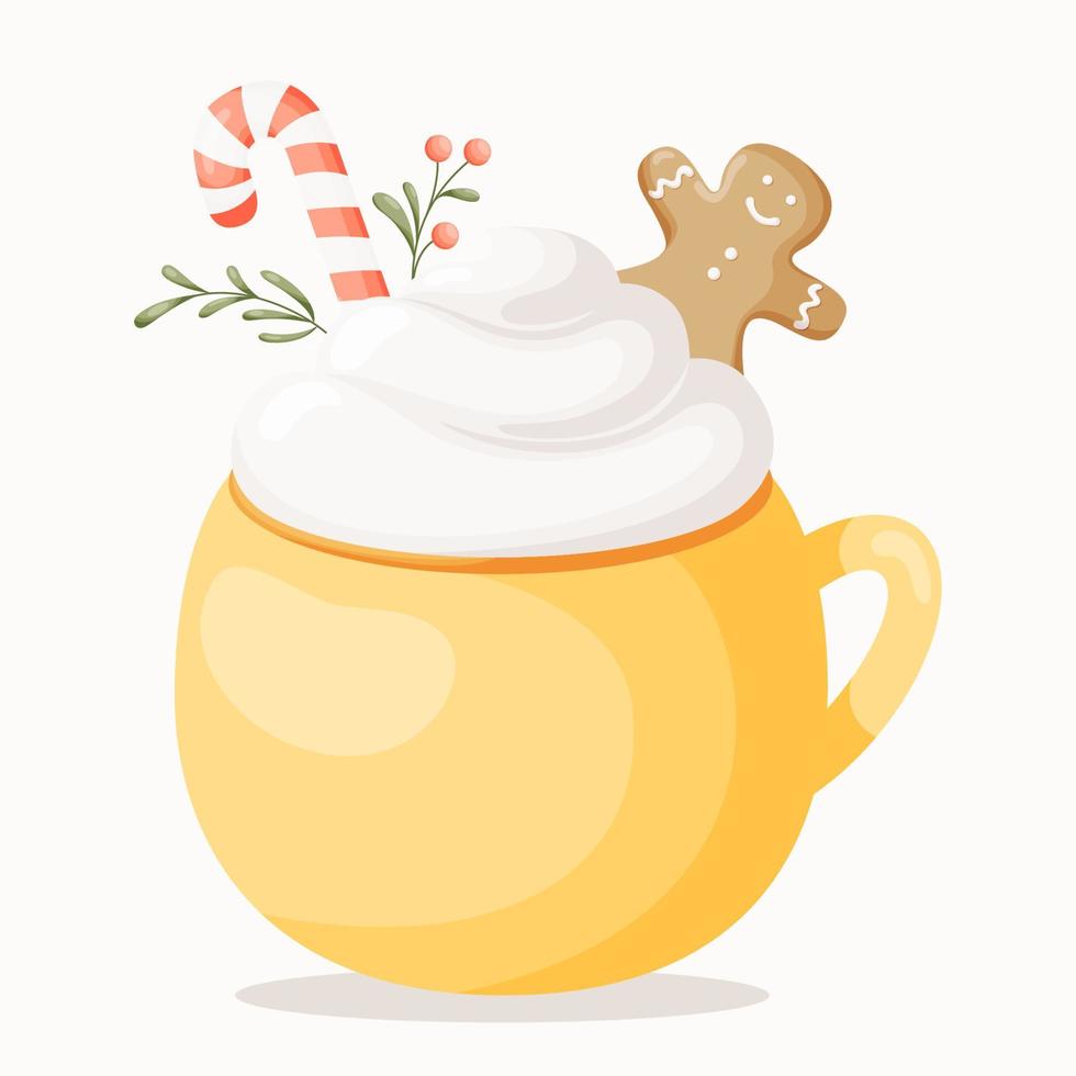 copo de natal e feliz ano novo. caneca bonita com bebidas quentes, pirulito, boneco de gengibre, chantilly, biscoitos. ilustração para design de cartões, cartazes, adesivos, menu. vetor