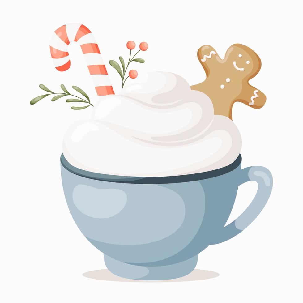 copo de natal e feliz ano novo. caneca bonita com bebidas quentes, pirulito, boneco de gengibre, chantilly, biscoitos. ilustração para design de cartões, cartazes, adesivos, menu. vetor