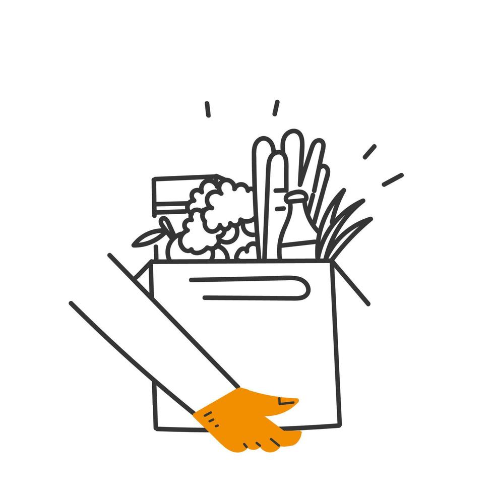 papelão de saco de papel de doodle desenhado à mão com ilustração de legumes e mantimentos vetor