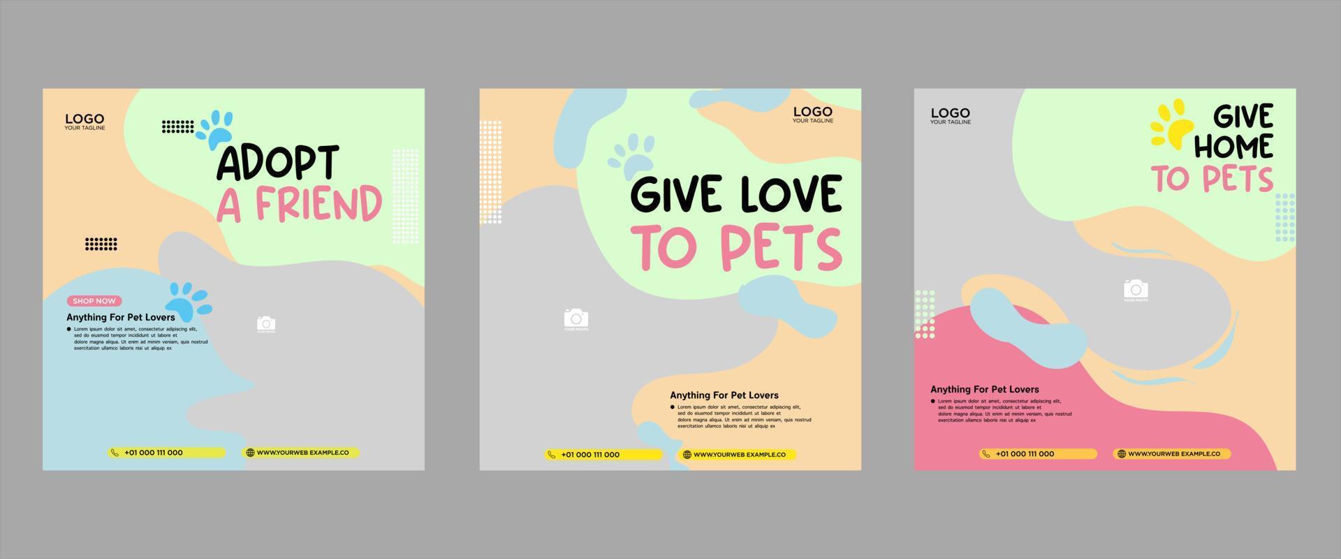 conjunto de três fundos de banner de cores bonitas e fluidas promoção de pacote de mídia social para cuidados com animais de estimação modelo de vetor premium