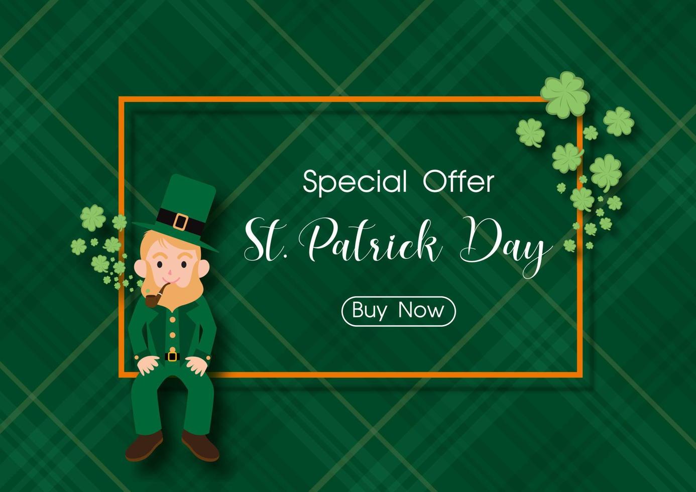 st. patrick's em personagem de desenho animado situado no quadro com ofertas especiais de cartas e decoração de plantas trevos em fundo verde argyle. tudo em desenho vetorial. vetor