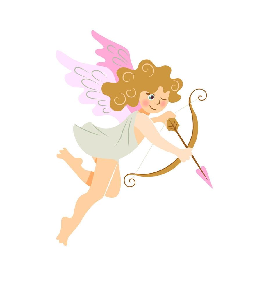 lindo cupido com asas rosa voa e aponta com uma flecha de um arco vetor
