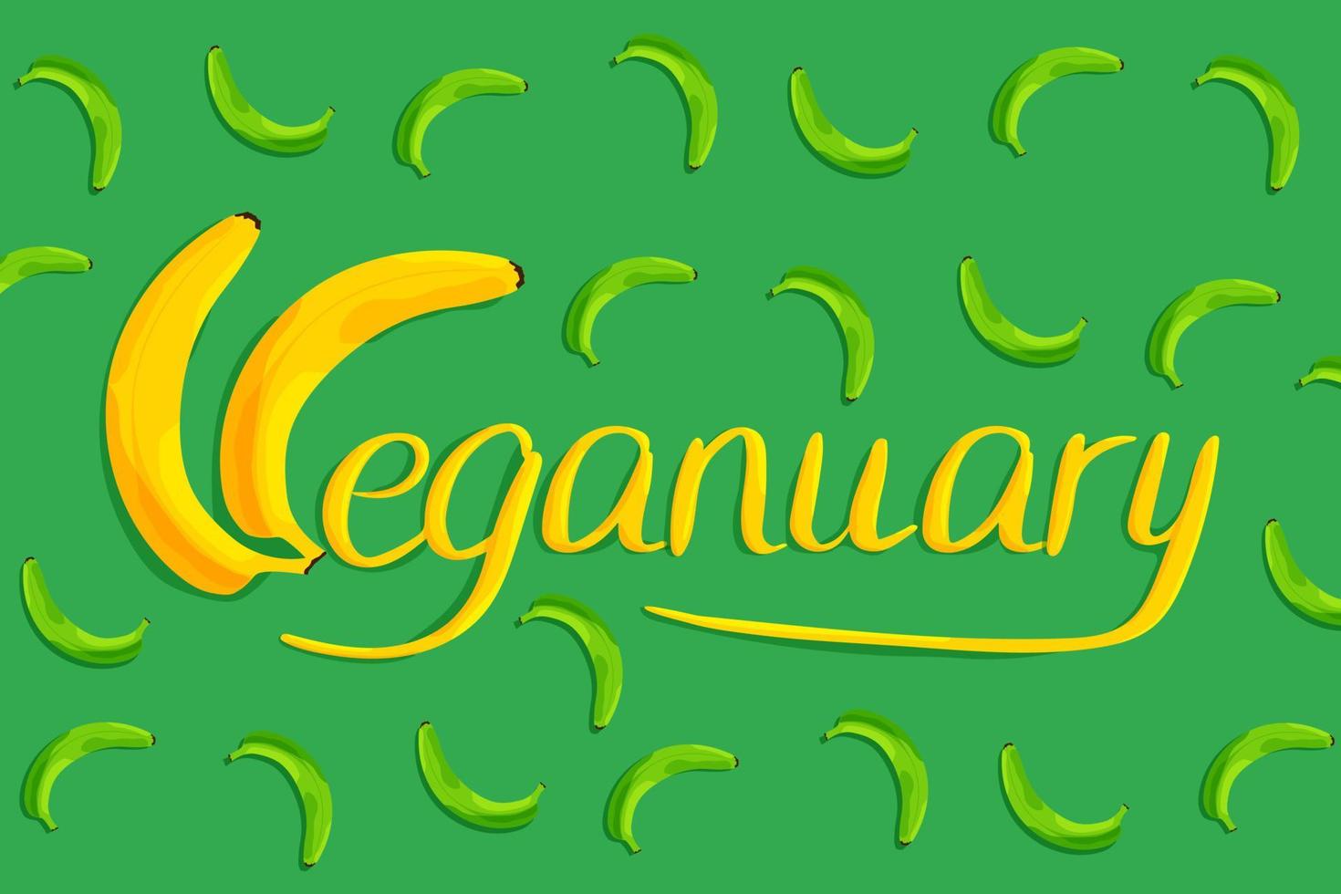 letras veganas desenhadas à mão em um fundo verde feito de bananas. ilustração vetorial em estilo simples vetor