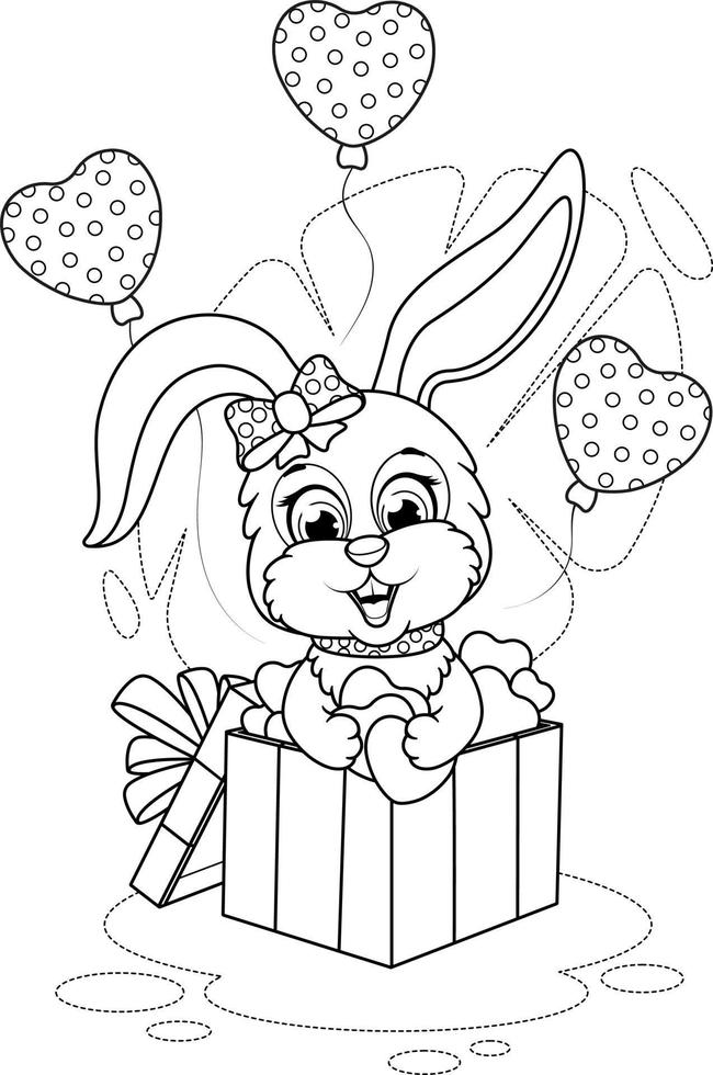 página para colorir. um coelho em uma caixa de presente, corações e balões vetor