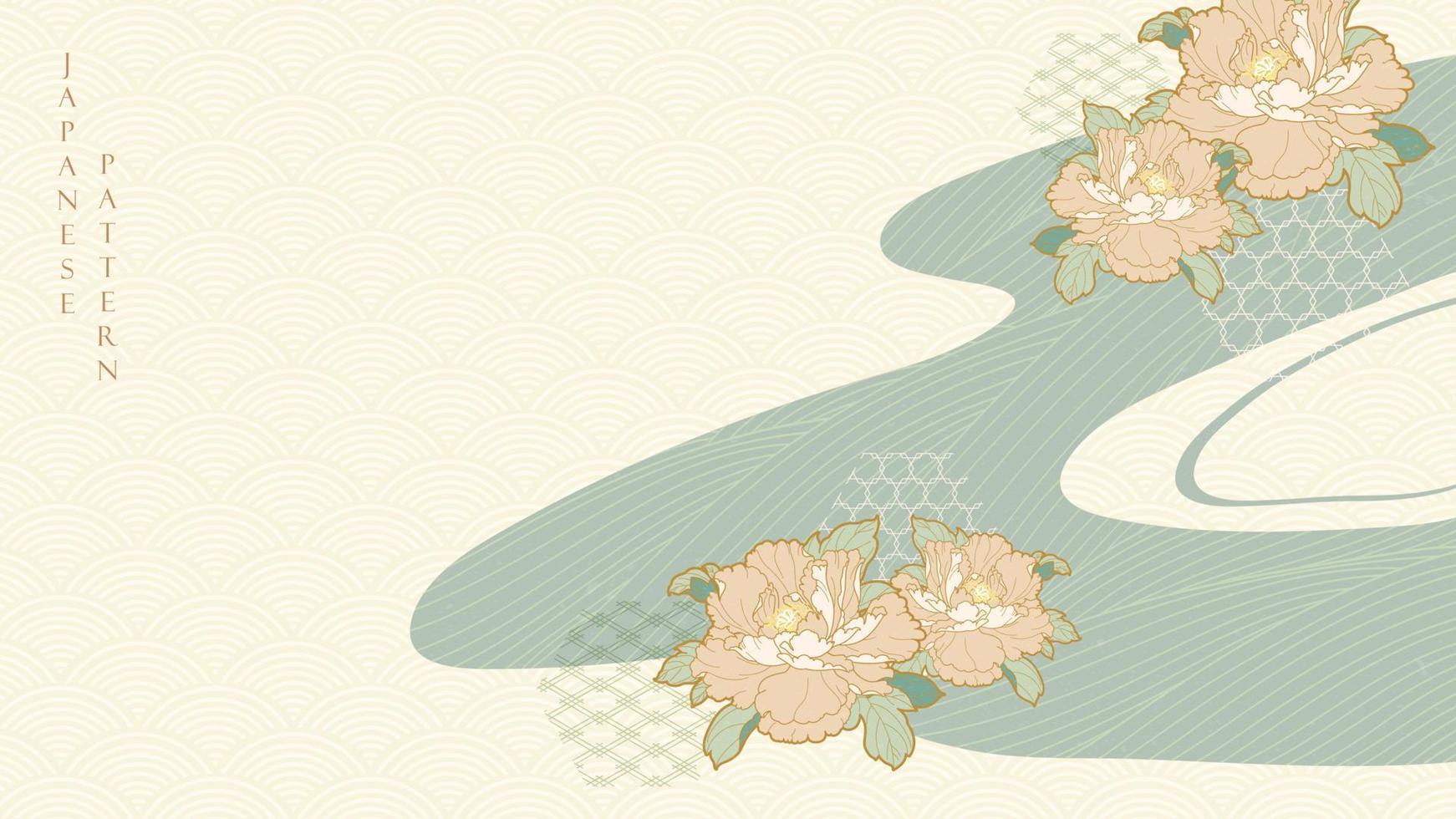 fundo japonês com vetor de decoração de flor de peônia. mão desenhar elemento de linha com padrão floral em estilo vintage.