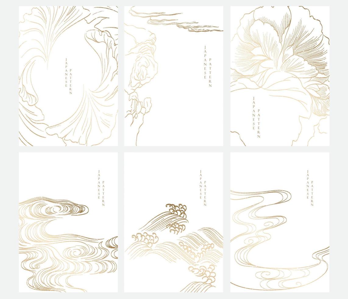 ondas desenhadas à mão e decorações de flores com vetor de fundo japonês. modelo oriental com padrão de linha ouro em estilo vintage.