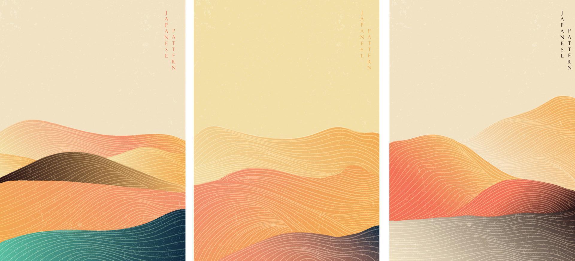 fundo japonês com vetor de padrão de decoração de floresta de montanha. mão desenhar linha design de banner com elementos de arte abstrata em estilo vintage.