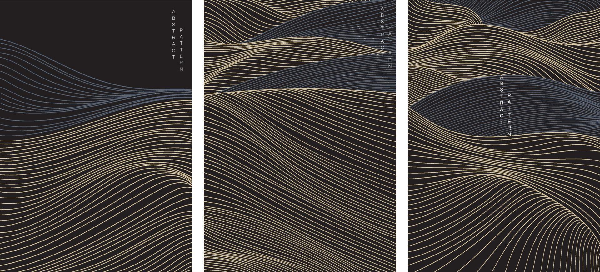 fundo da arte abstrata com vetor de padrão de onda japonês. paisagem de arte com padrão de linha de ouro. modelo de floresta de montanha.