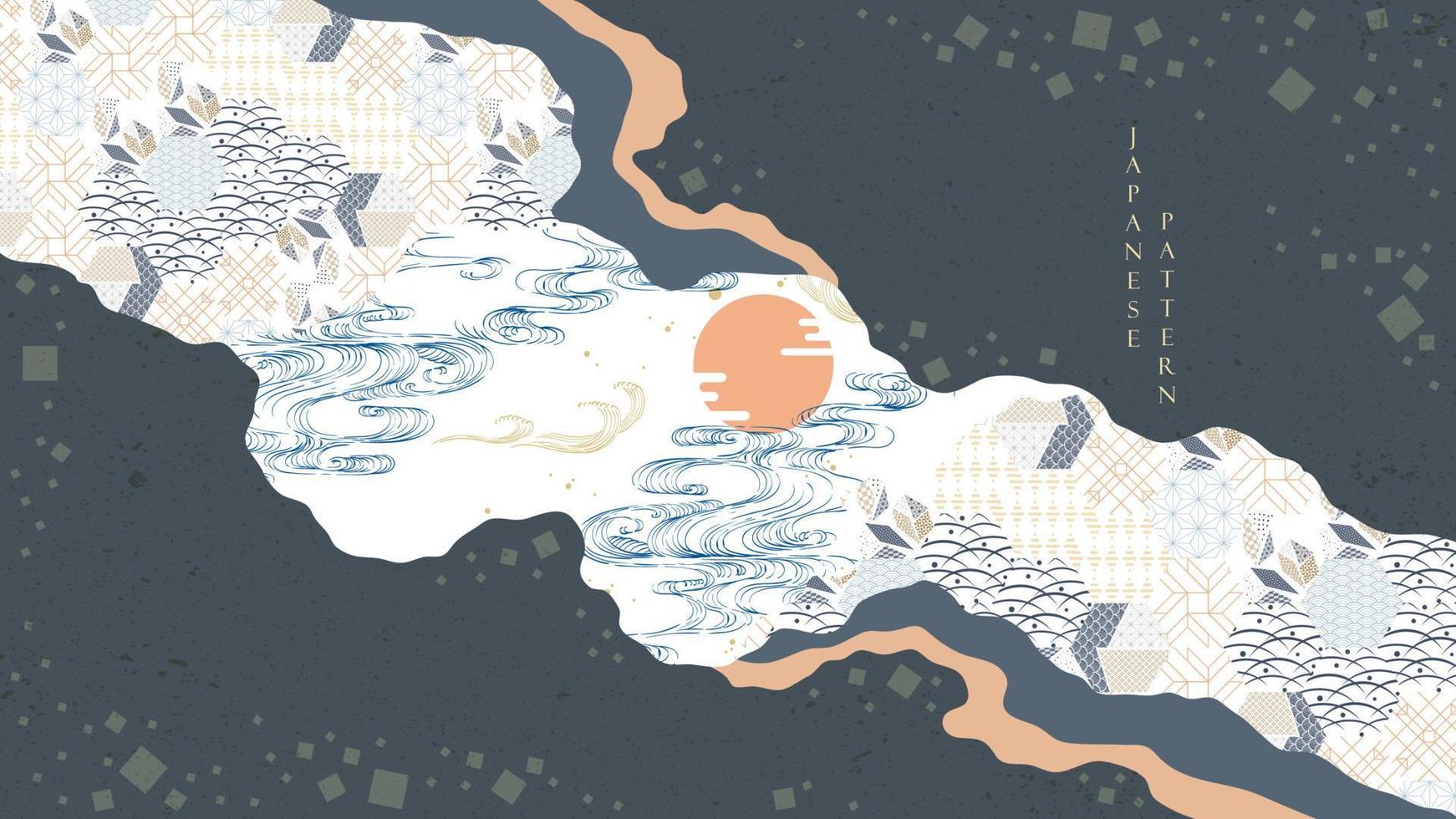 fundo japonês com vetor padrão geométrico. paisagem abstrata. onda desenhada à mão com banner de elementos do mar oceano em estilo vintage.