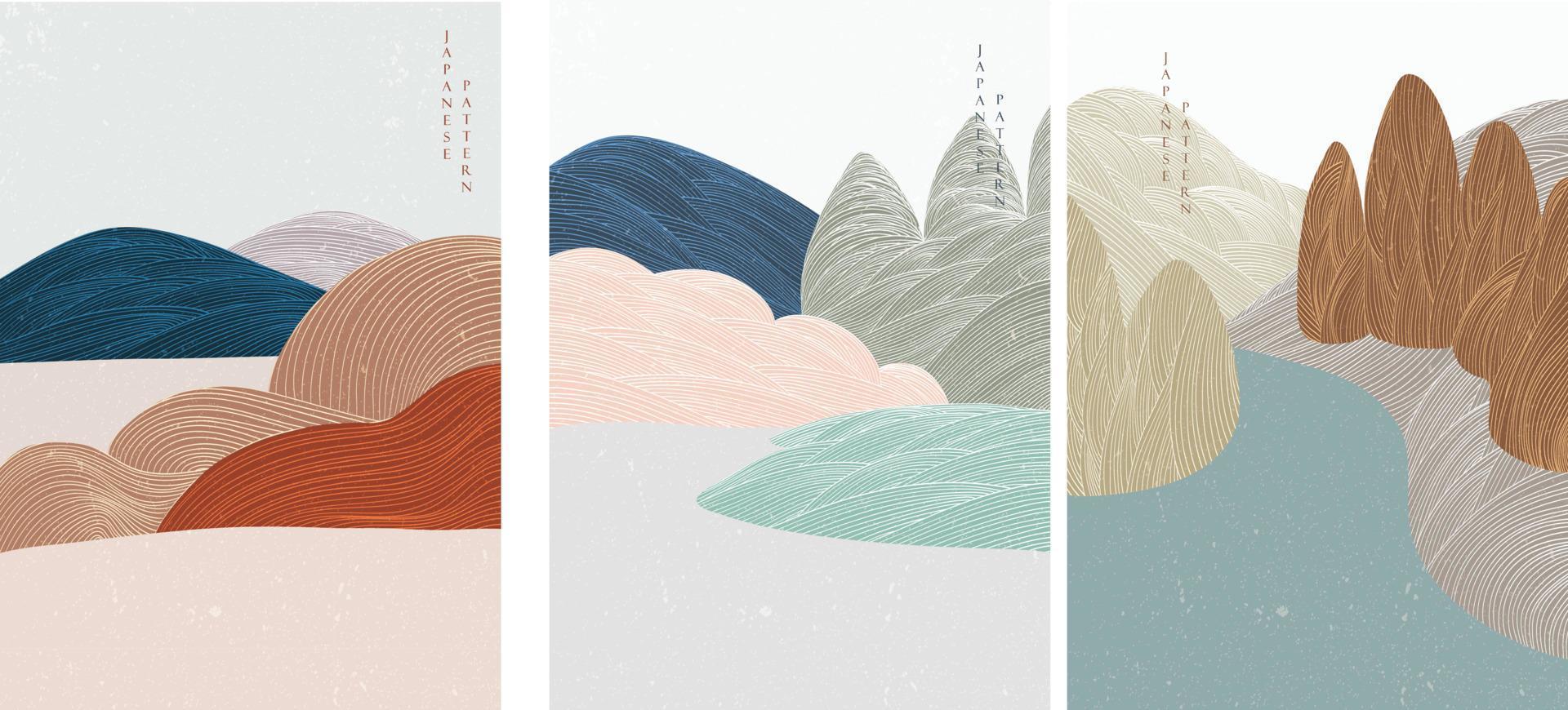 fundo de paisagem de arte com vetor de textura de ouro. padrão de onda desenhado à mão japonesa com banner de floresta de montanha em estilo vintage.