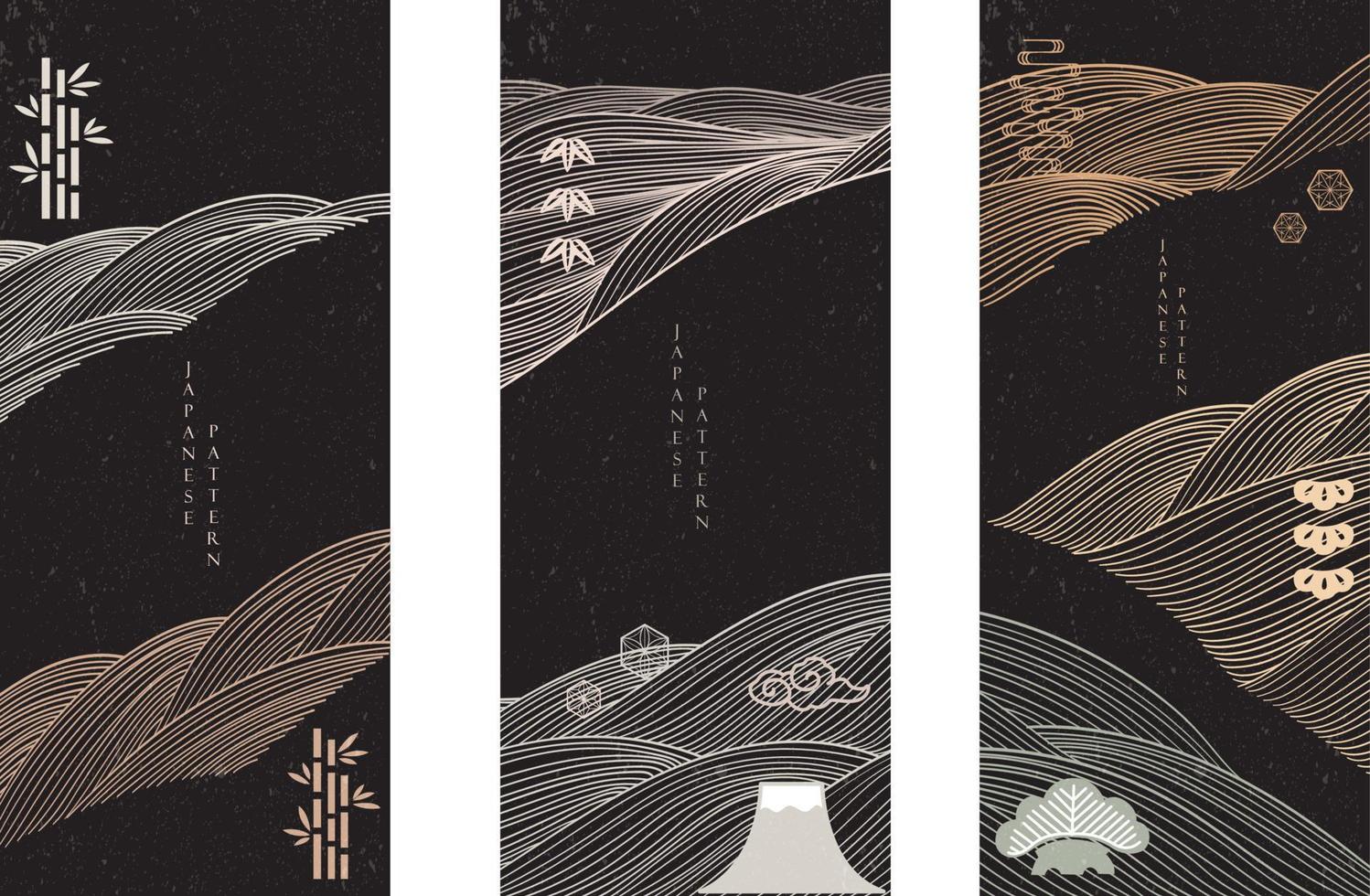fundo japonês com vetor de padrão de linha. modelo de paisagem abstrata com elementos de ícone asiático. montanha fuji, bambu e design de banner bonsai em estilo vintage.