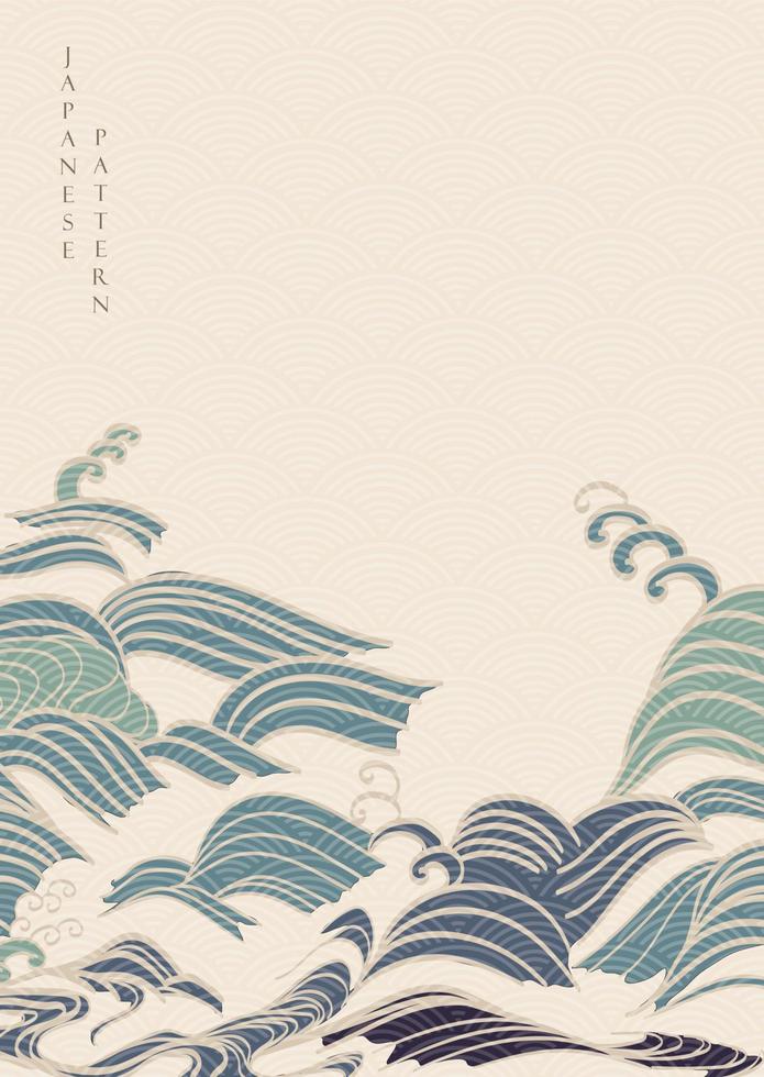 mão japonesa desenhar fundo de onda com vetor de design de banner de curva geométrica. modelo natural com decoração de mar oceano em estilo vintage.