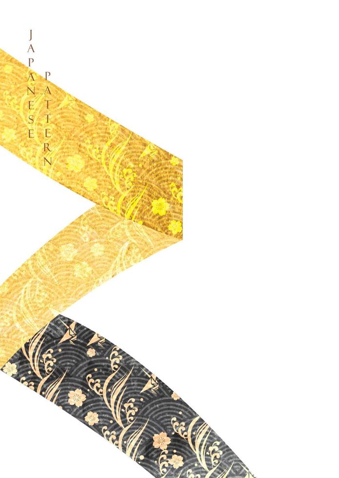 fundo chinês com vetor de elemento de fita. onda de desenho de mão e padrão de flor de cerejeira com ouro e faixa preta em estilo vintage.