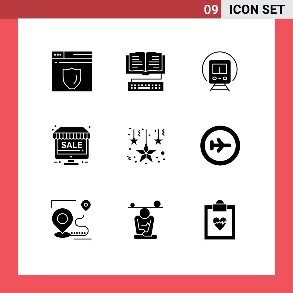 grupo de 9 sinais e símbolos de glifos sólidos para pendurar estrelas loja de trem de natal on-line elementos de design de vetores editáveis