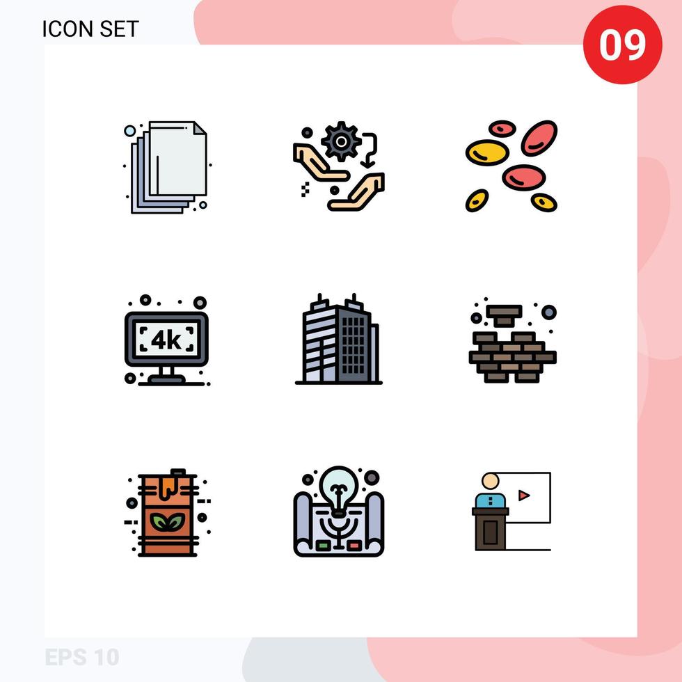 9 interface de usuário pacote de cores planas de linha cheia de sinais e símbolos modernos de elementos de design de vetores editáveis de monitor de televisão de hematologia de tv imobiliária