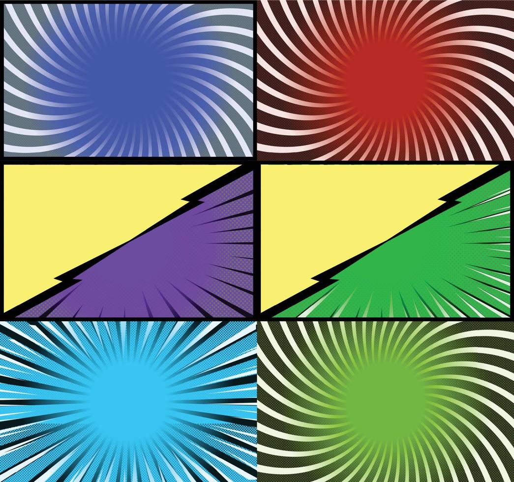 fundo de quadros coloridos de quadrinhos com raios de meio-tom radial e efeitos pontilhados estilo pop art vetor