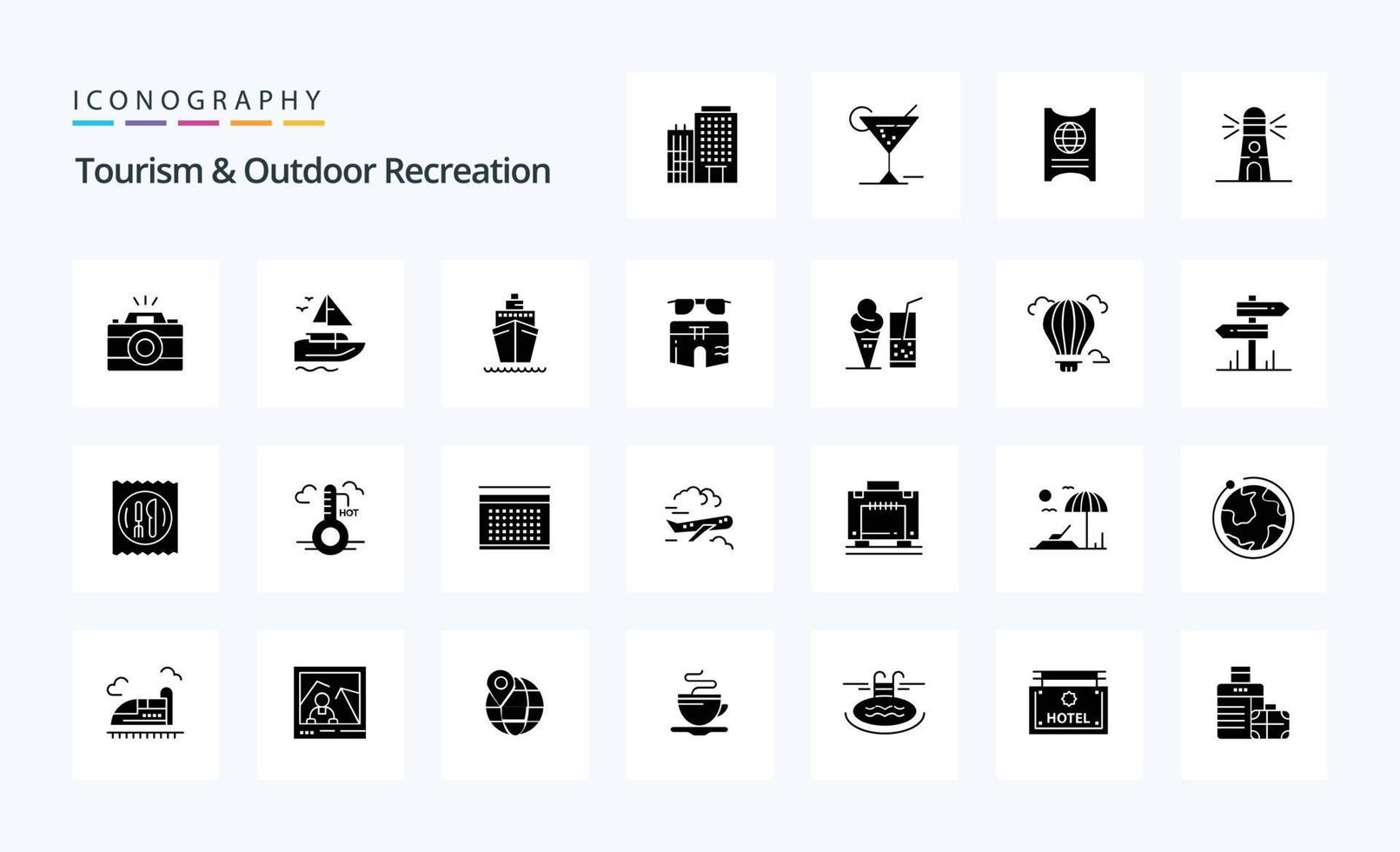 25 pacote de ícones de glifos sólidos de turismo e recreação ao ar livre vetor