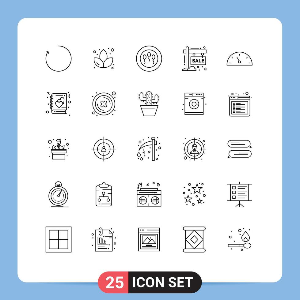 grupo de símbolos de ícone universal de 25 linhas modernas de desempenho de livro sinal de medidor de ciência elementos de design de vetores editáveis